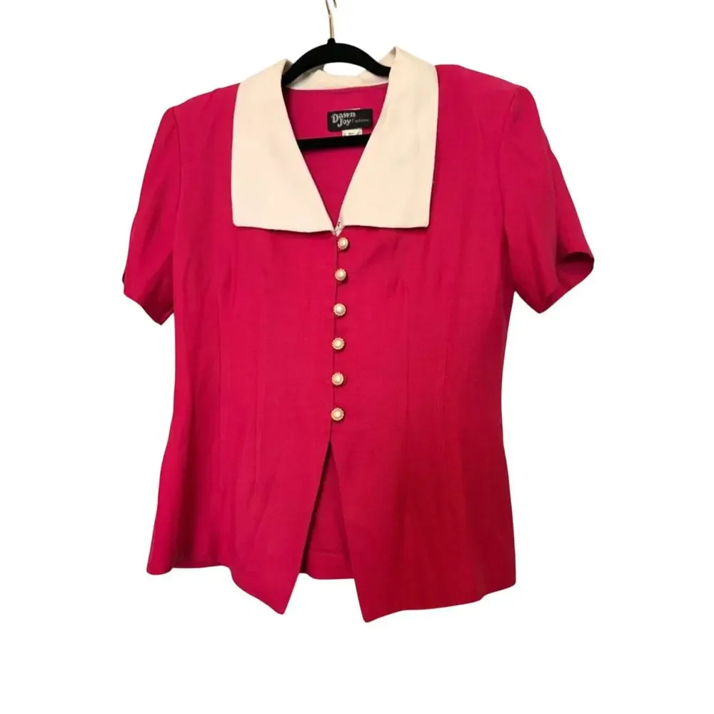 Vintage Dawn Joy Fashions 2-Piece Skirt Suit Pink Fuchsia Pearl Buttons